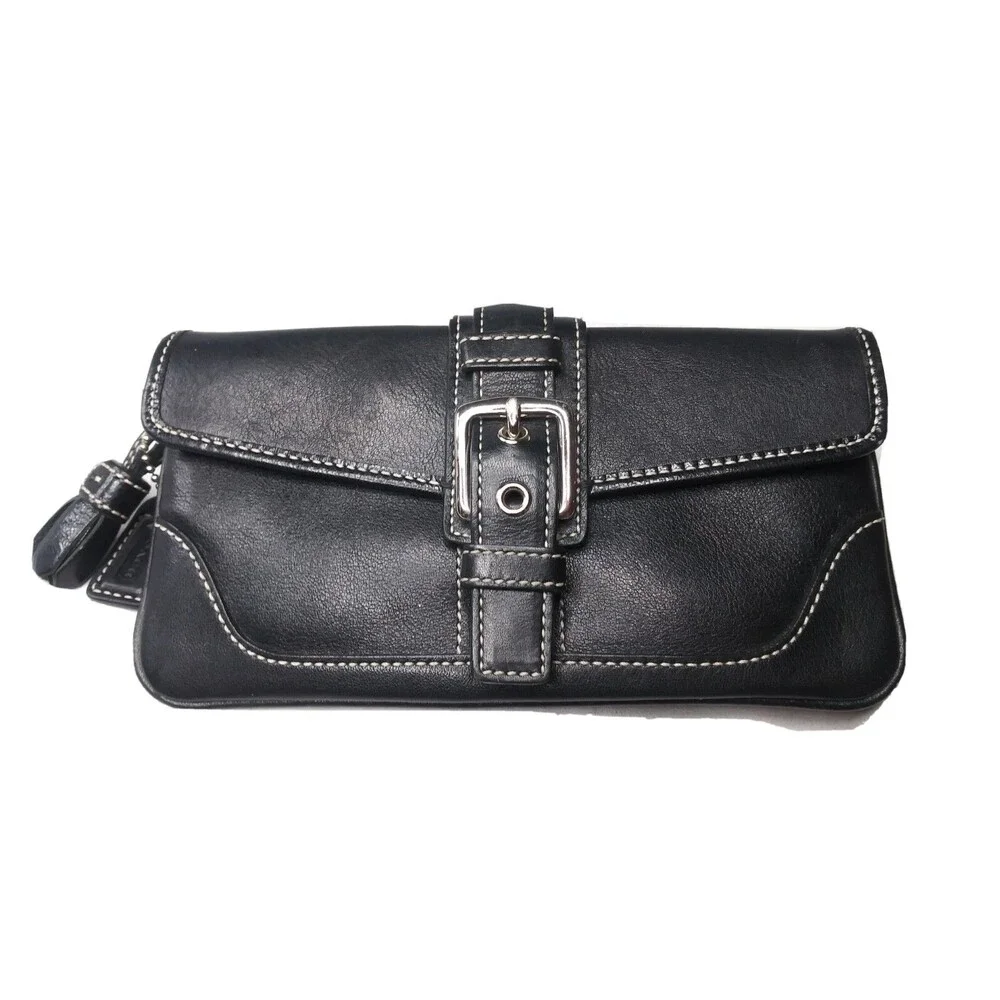 Coach Black Leather Wristlet Clutch Purse Medium Size charm & tassel accent